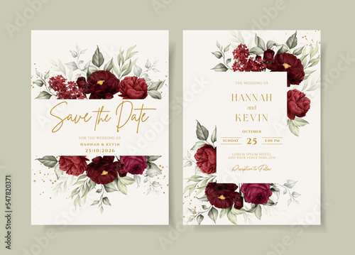 beautiful red floral on wedding invitation card template
