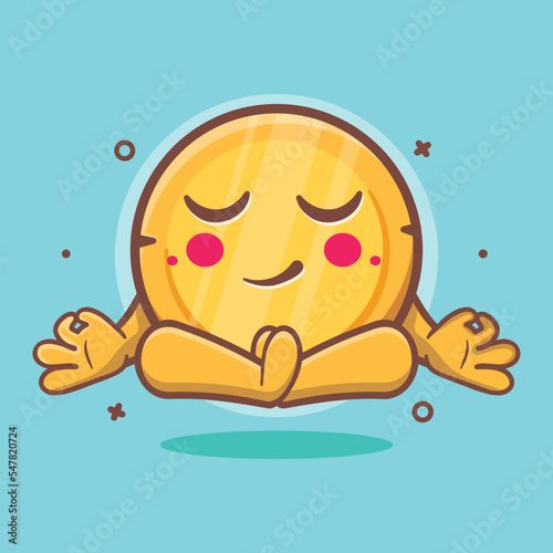 calm money coin character mascot with yoga meditation pose isolated cartoon in flat style design