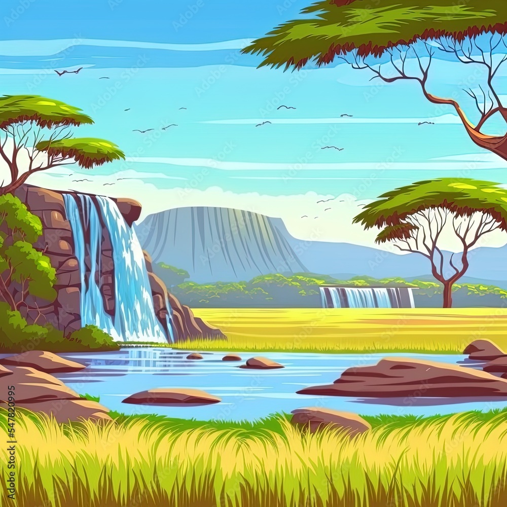 African savannah with river, waterfall, acacia trees and mountains on horizon. 2d illustrated cartoon illustration of savanna landscape with green grass, water stream falling from stones in evening