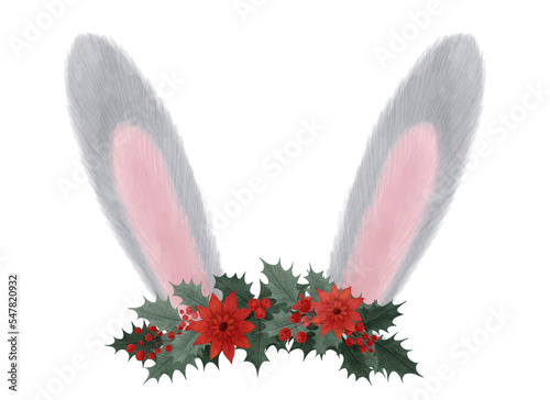 Rabbit ears with a Christmas wreath of flowers. The image of cute rabbit ears in watercolor style. Isolated clipart element.