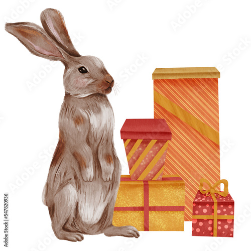 A hare and boxes with gifts. Isolated illustration for design in watercolor style.