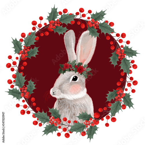 A hare and a Christmas wreath. Isolated illustration for greeting card design in watercolor style.