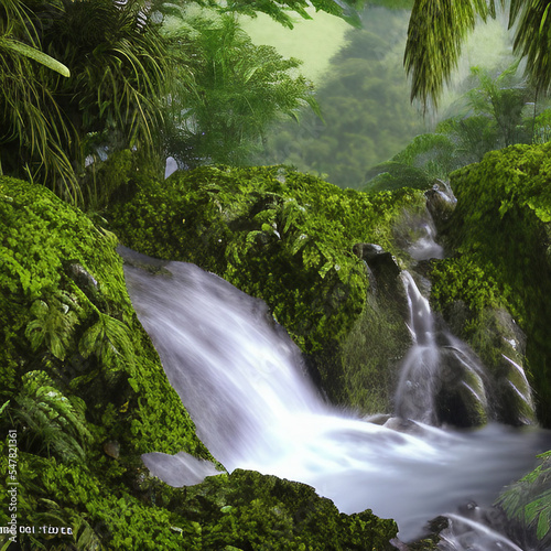 waterfall in jungle. lush green rainforest ai-generated digital art illustration