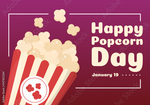 National Popcorn Day on January 19th with a Big Box of Red and White Stripe in Flat Cartoon Background Hand Drawn Templates Illustration