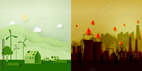 Global warming and climate change concept.Pollution and green environment background.Paper art of ecology and environment concept.Vector illustration.