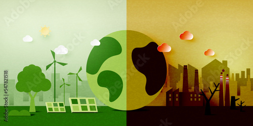 Global warming and climate change concept.Half world of polluted and green environment background.Paper art of ecology and environment concept.Vector illustration