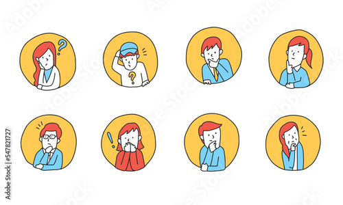 困った表情、考える表情の人々のイラストアイコンセット　サークルアイコン