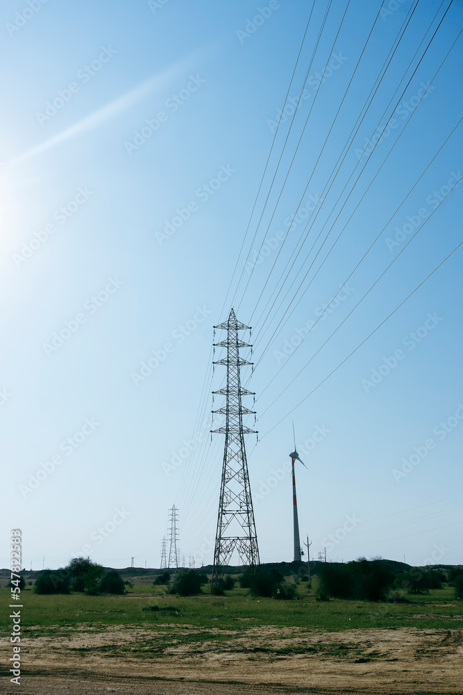 High voltage electricity transmission lines at Thar desert, Rajasthan, India.