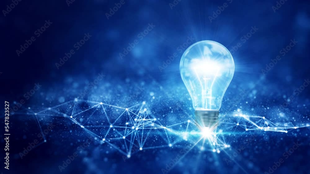 business idea creative concept technology. A light bulb illuminated above a polygon on a dark blue background.