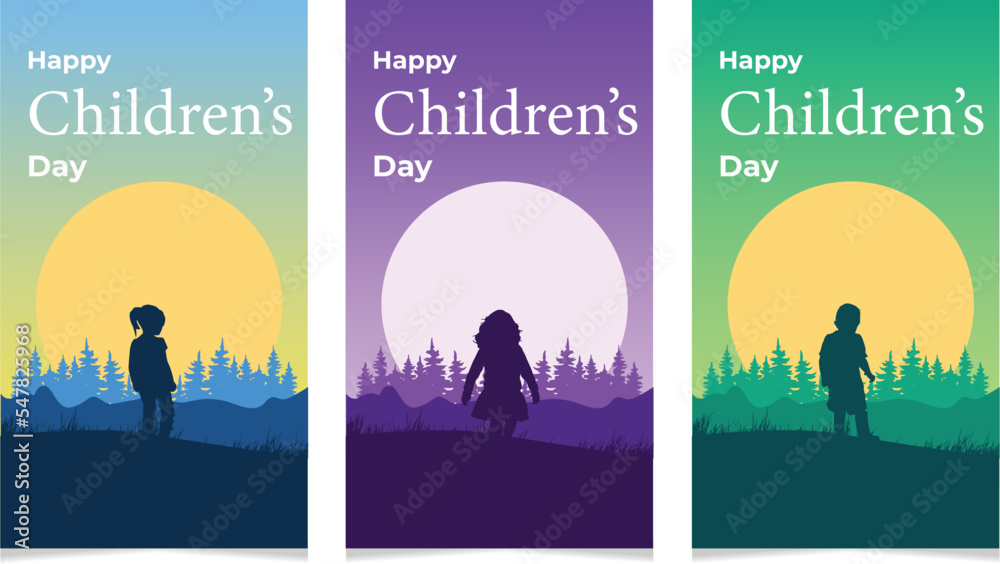 set of banners for greeting cards on World Children's Day. illustration of a boy on a nature background, mountains and forest landscape with the inscription Happy Children's Day. set of banners for greeting cards on World Children's Day. illustration of a boy on a nature background, mountains and forest landscape with the inscription Happy Children's Day.