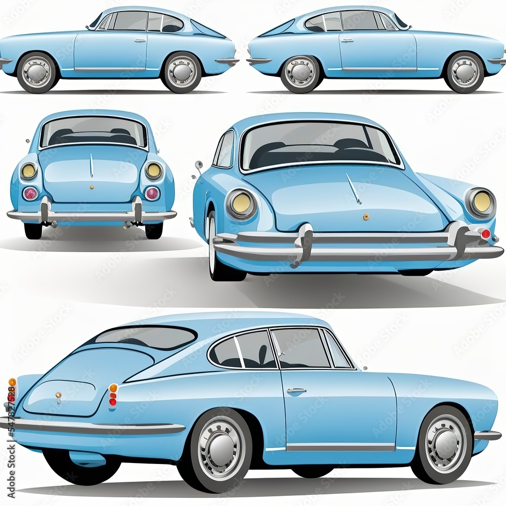 cartoon light blue car from the back, front and side view. 