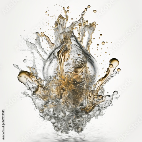 Abstract explosiding balloons, gold and silver colors on white background, created with generative AI