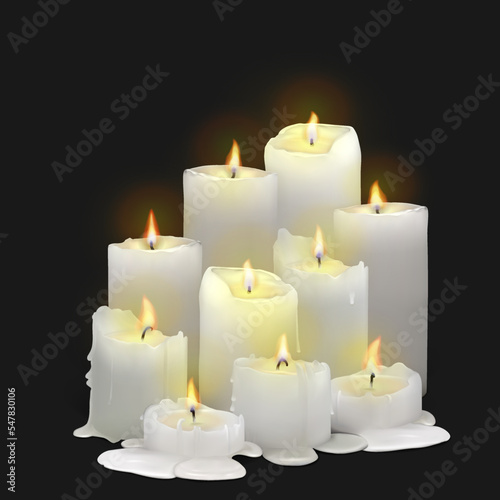 Set of realistic burning white candles on a transparent background. 3d candles with melting wax, flame and halo of light. Vector illustration with mesh gradients. EPS10.