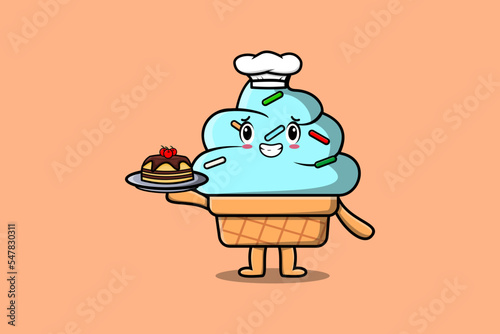 Cute Cartoon chef Ice cream character serving cake on tray cute style design in flat cartoon style