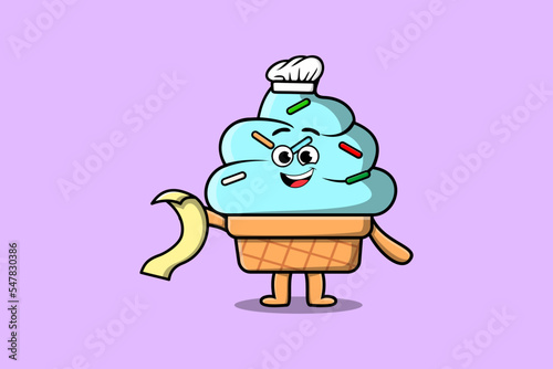 Cute cartoon Ice cream chef character with menu in hand cute style design illustration