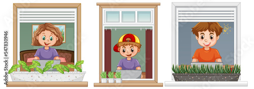 Kids using computer and looking through the window