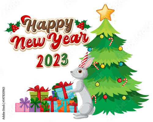Happy New Year text with cute rabbit for banner design