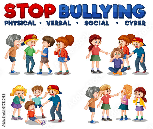 Bullying kids cartoon characters set