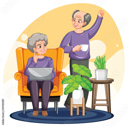 Senior couple using laptop at home