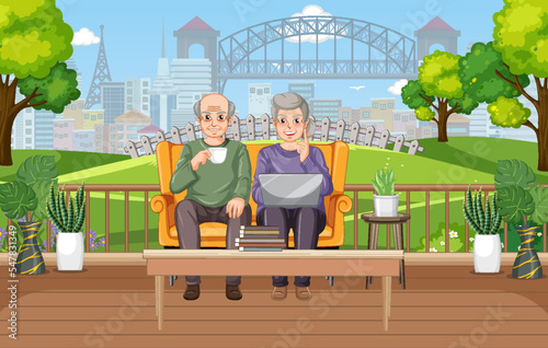 Senior couple using laptop at park