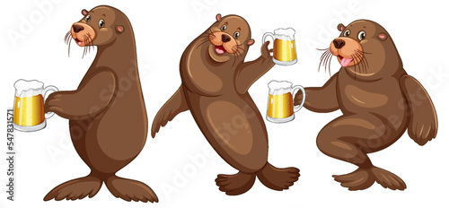 Set of different sea lions cartoon characters