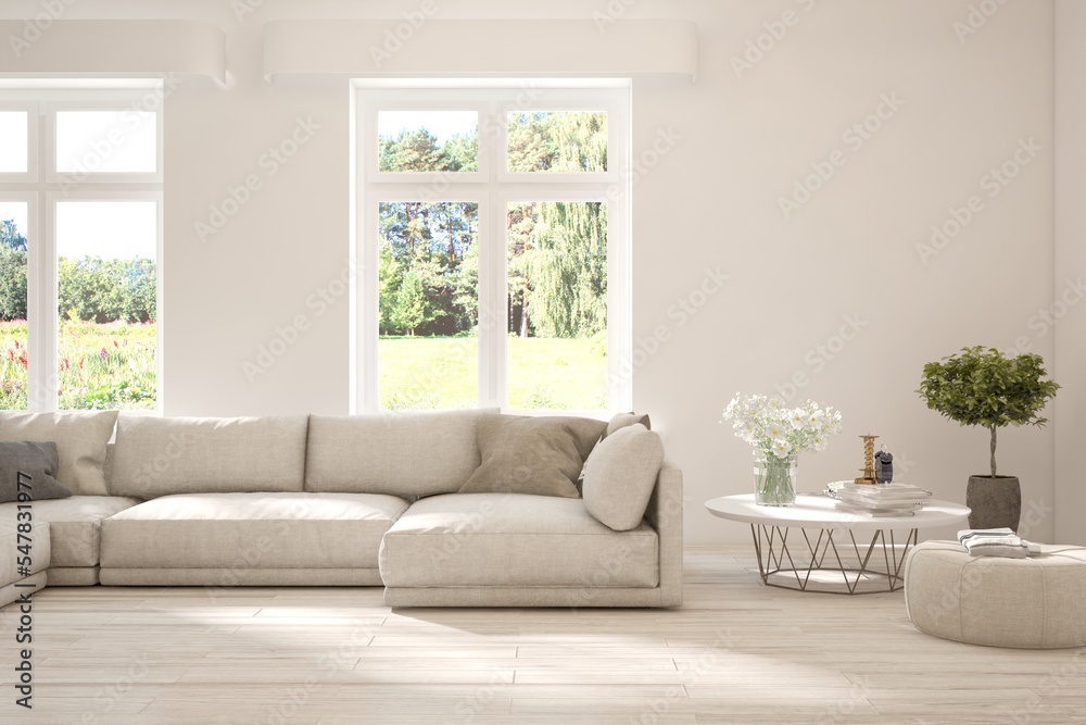 Fototapeta premium White living room with sofa and summer landscape in window. Scandinavian interior design. 3D illustration