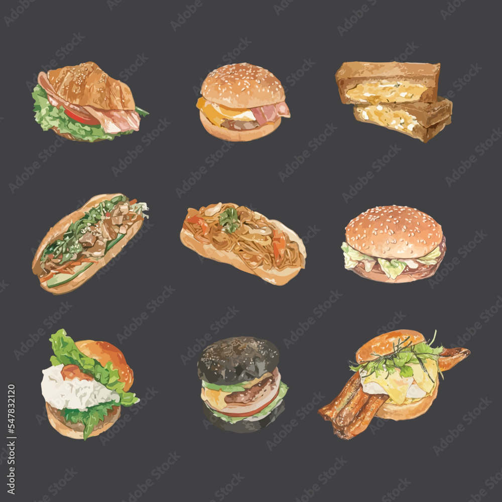Set of fast food doodle in watercolor style vector illustration Set of fast food doodle in watercolor style vector illustration