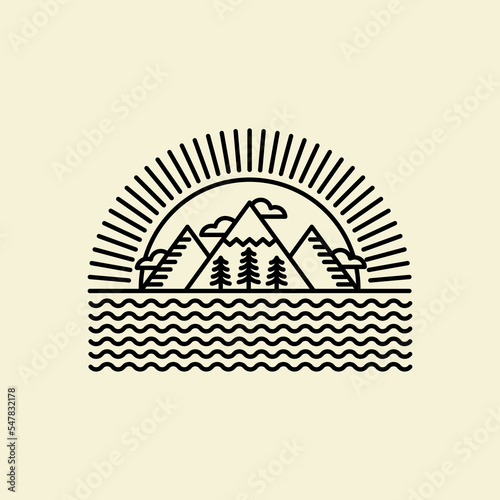 Simple vector lineart style. Mountain lake shore, coniferous tree. Landscape, nature, tourism and travel. For printing, postcards, labels. Black outline drawing.