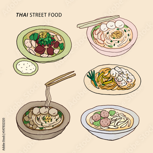 Thai noodles set, freehand drawn style