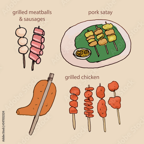 street food, local food in Thailand, grilled chicken , grilled pork , grilled meatballs and sausages, freehand drawn style