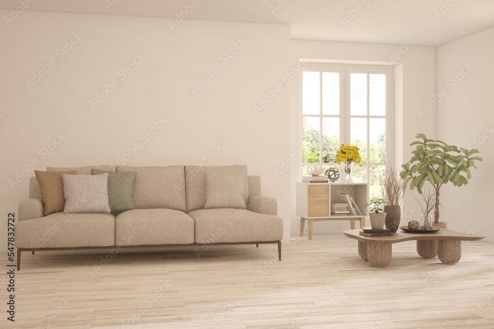 Fototapeta premium White living room with sofa. Scandinavian interior design. 3D illustration