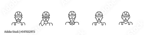 Construction staff icons. Foreman, contractor, engineer and architect in hard hats. Pixel perfect, editable stroke