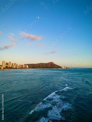 Moon over Diamond Head at sunset, Honolulu Hawai'i