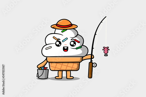 Cute cartoon Ice cream ready fishing character illustration wearing fishing equipment 