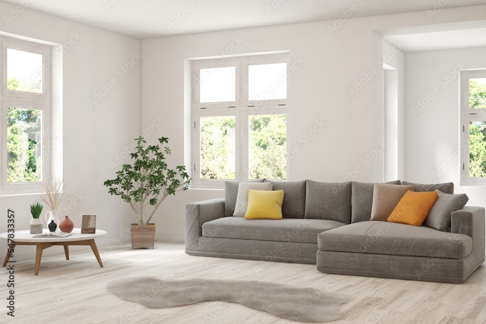 Fototapeta premium White living room with sofa and summer landscape in window. Scandinavian interior design. 3D illustration