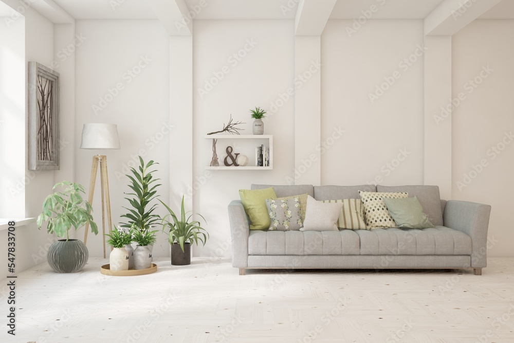 Naklejka premium White living room with sofa. Scandinavian interior design. 3D illustration