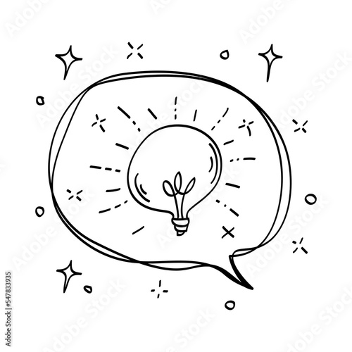 Hand drawn light bulb and speech bubble. idea concept with lightbulbs vector doodle illustration