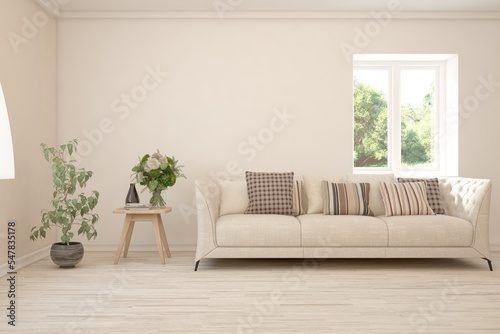 Minimalist living room in white color with sofa and summer landscape in window. Scandinavian interior design. 3D illustration