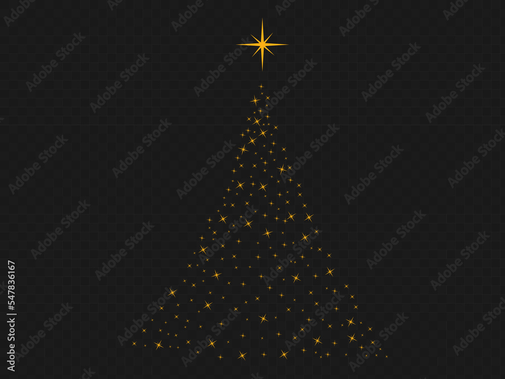 Gold glitter particles Christmas tree with star isolated  on png or transparent  background. Graphic resources for New Year, Birthdays and luxury card. Vector illustration