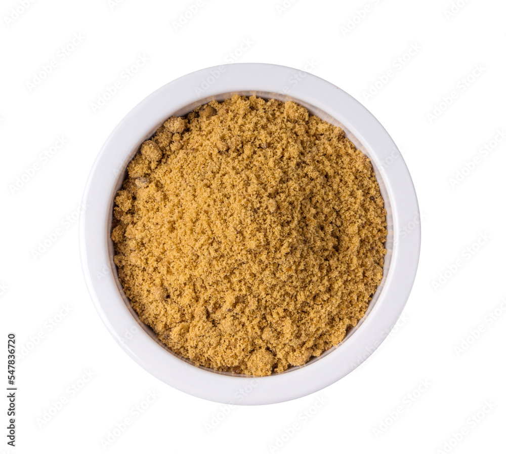 Brown cane sugar pile in white bowl isolated on transparent png Brown cane sugar pile in white bowl isolated on transparent png