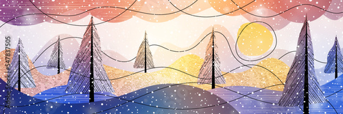 Abstract winter landscape, stylized hills, trees and sun, holiday illustration, panoramic view