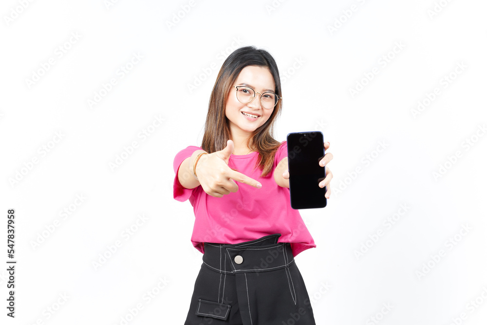 Showing Apps or Ads On Blank Screen Smartphone Of Beautiful Asian Woman Isolated On White Background Showing Apps or Ads On Blank Screen Smartphone Of Beautiful Asian Woman Isolated On White Background