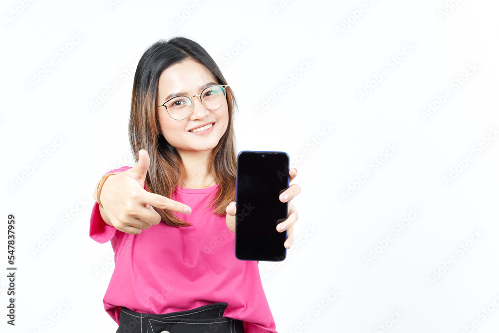 Showing Apps or Ads On Blank Screen Smartphone Of Beautiful Asian Woman Isolated On White Background Showing Apps or Ads On Blank Screen Smartphone Of Beautiful Asian Woman Isolated On White Background