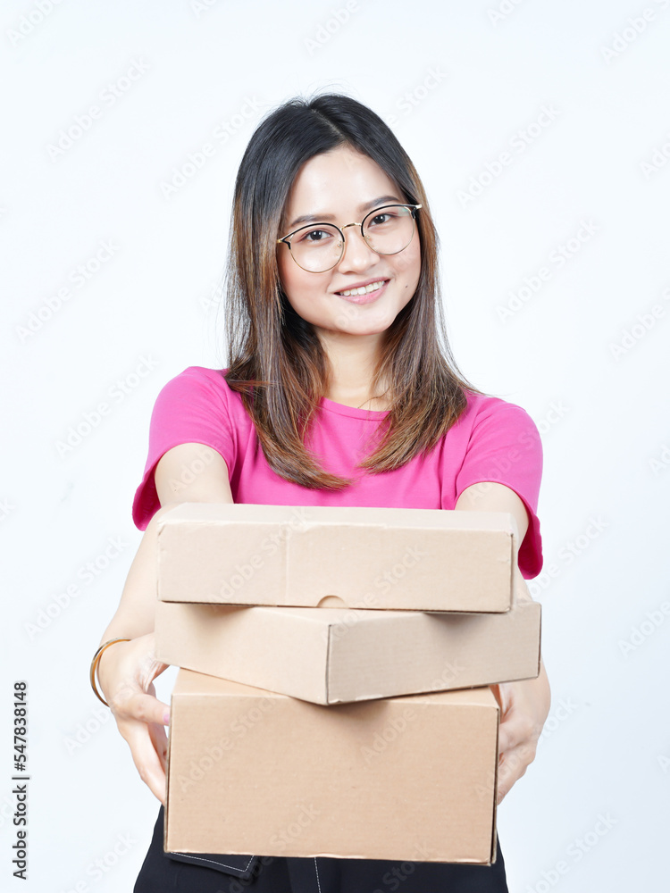 Holding Package Box or Cardboard Box Of Beautiful Asian Woman Isolated On White Background Holding Package Box or Cardboard Box Of Beautiful Asian Woman Isolated On White Background
