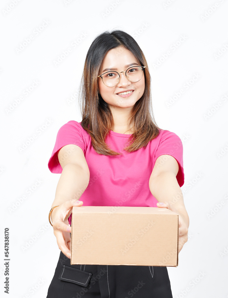 Holding Package Box or Cardboard Box Of Beautiful Asian Woman Isolated On White Background Holding Package Box or Cardboard Box Of Beautiful Asian Woman Isolated On White Background