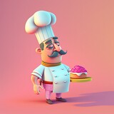 Illustration of a colorful 3D character dressed as a baker appreciating his plate