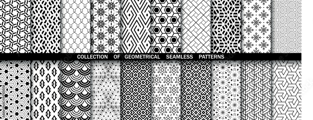 Geometric set of seamless black and white patterns. Simpless vector graphics.