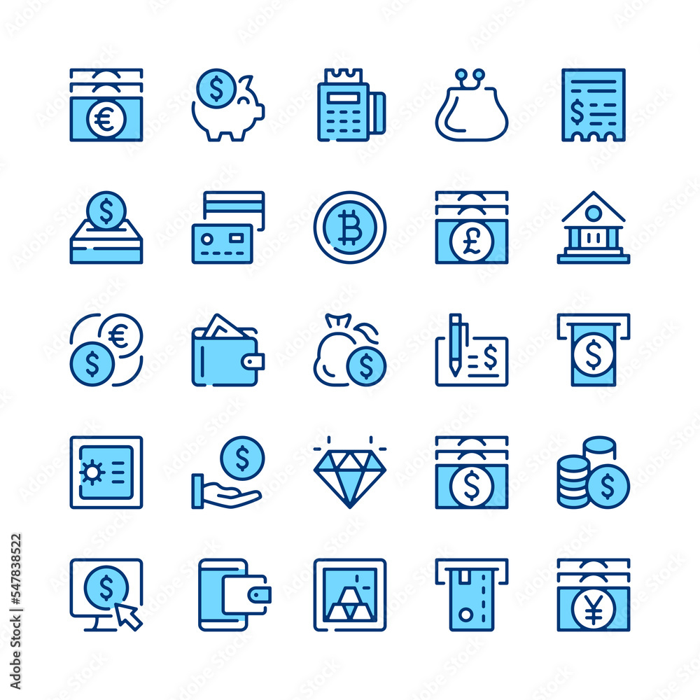 Money line icons. Blue color. Vector line icons set