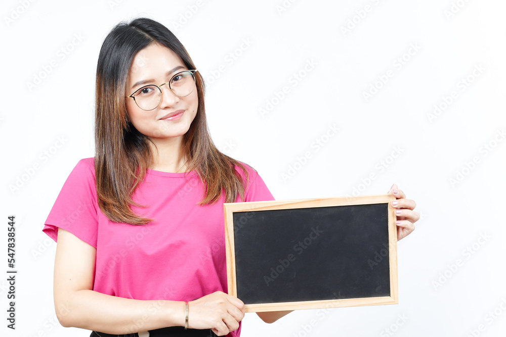 Showing, Presenting and holding Blank Blackboard Of Beautiful Asian Woman Isolated On White Showing, Presenting and holding Blank Blackboard Of Beautiful Asian Woman Isolated On White