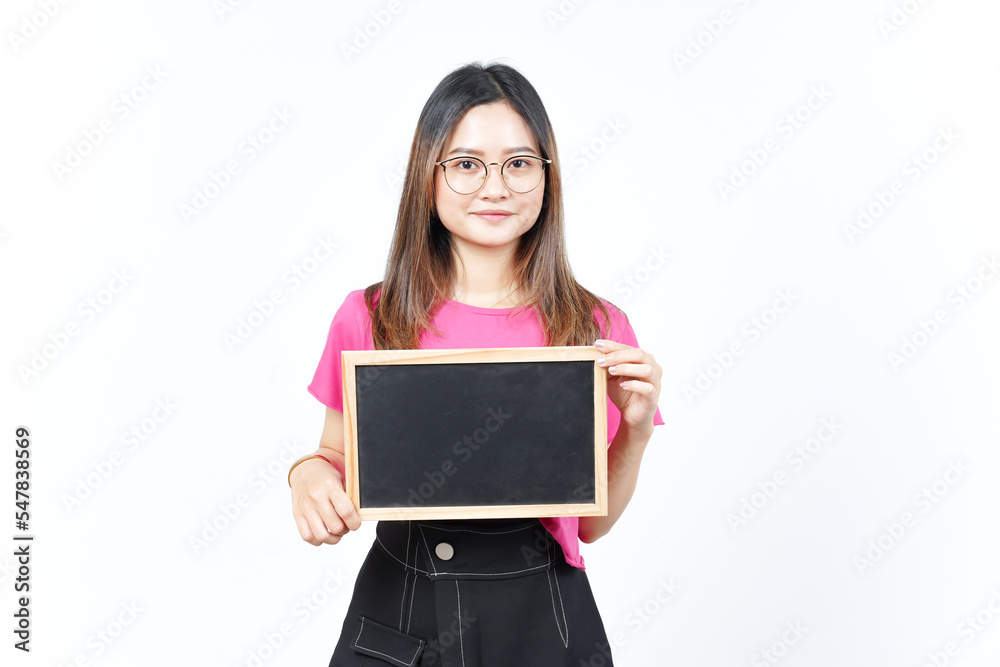 Showing, Presenting and holding Blank Blackboard Of Beautiful Asian Woman Isolated On White Showing, Presenting and holding Blank Blackboard Of Beautiful Asian Woman Isolated On White
